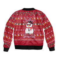 Christmas Chillin With My Snowmies Bomber Jacket Cool Snowman Red Snowflake Light String - Wonder Print Shop