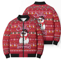Christmas Chillin With My Snowmies Bomber Puffer Jacket Cool Snowman Red Snowflake Light String - Wonder Print Shop