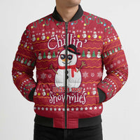Christmas Chillin With My Snowmies Bomber Puffer Jacket Cool Snowman Red Snowflake Light String - Wonder Print Shop