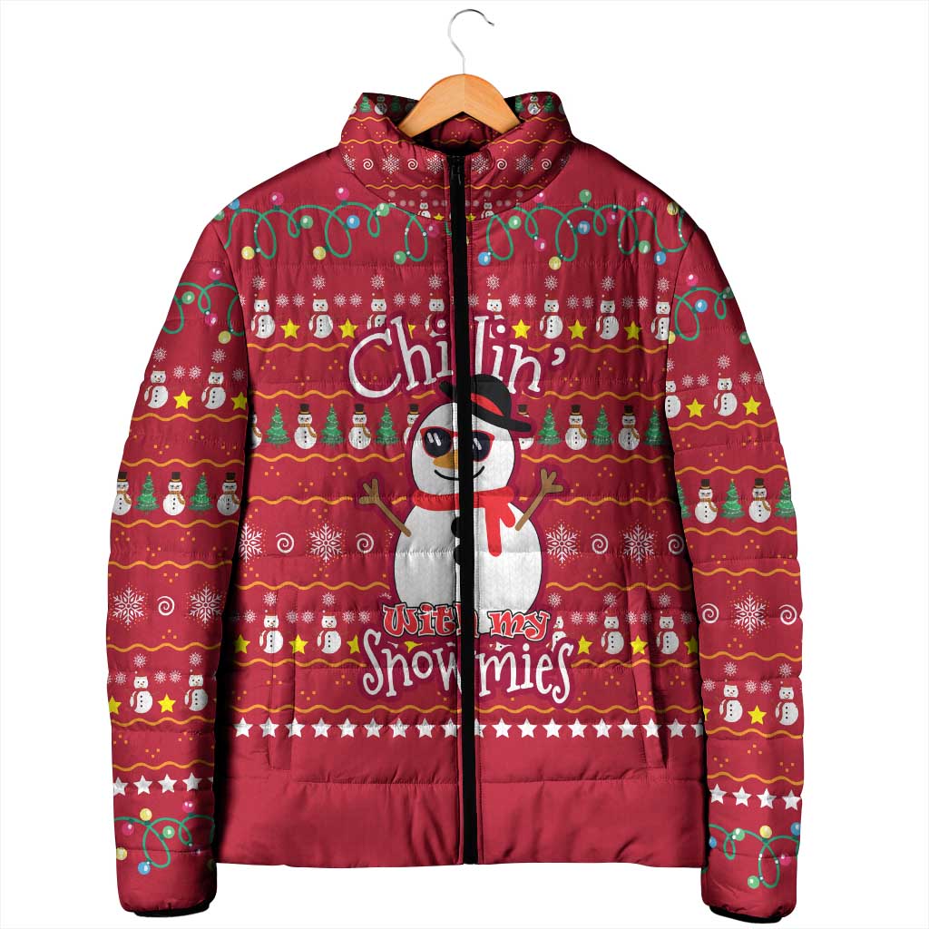 Christmas Chillin With My Snowmies Padded Jacket Cool Snowman Red Snowflake Light String - Wonder Print Shop