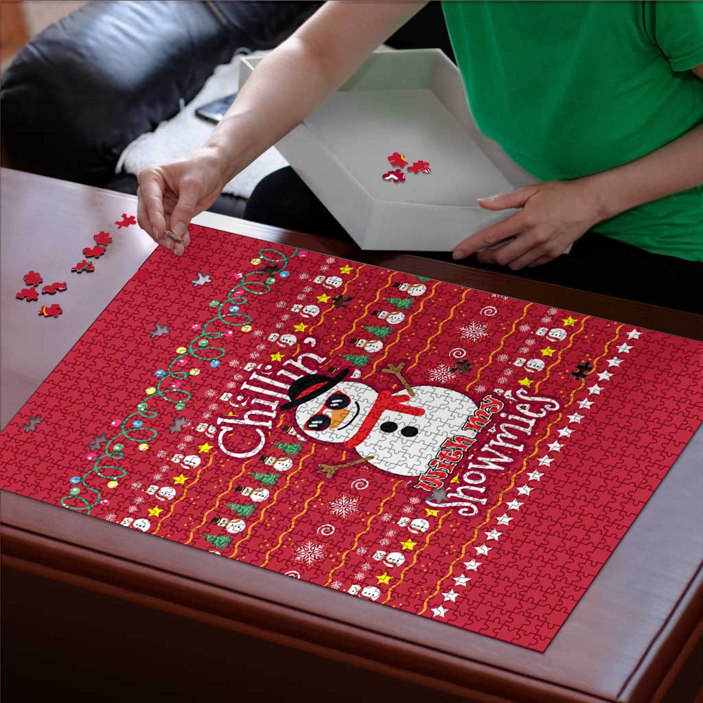 Christmas Chillin With My Snowmies Puzzle Cool Snowman Red Snowflake Light String - Wonder Print Shop