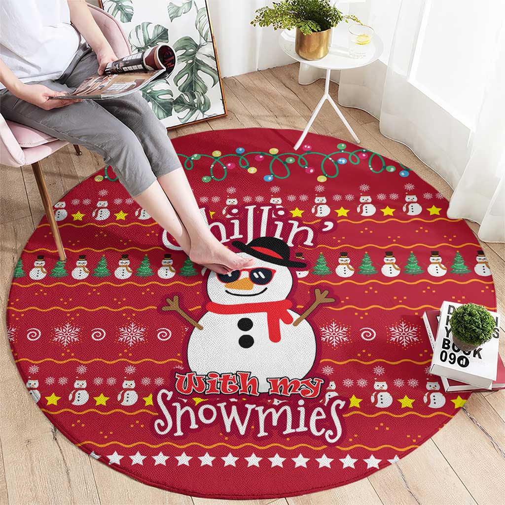 Christmas Chillin With My Snowmies Round Carpet Cool Snowman Red Snowflake Light String - Wonder Print Shop