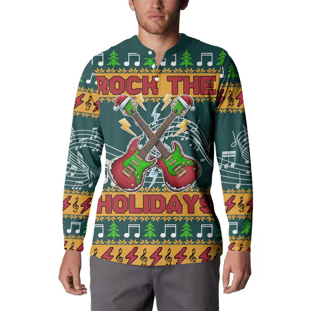 Rock The Holidays Guitar Christmas Button Sweatshirt Xmas Holiday Patterns - Wonder Print Shop