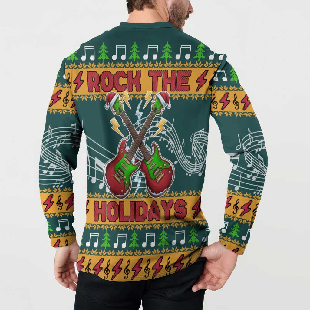 Rock The Holidays Guitar Christmas Button Sweatshirt Xmas Holiday Patterns - Wonder Print Shop