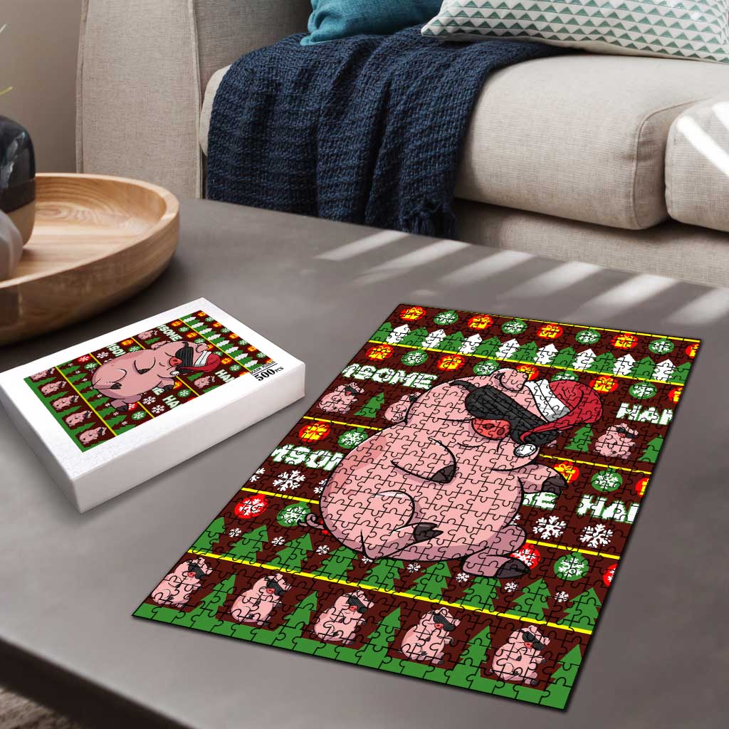 Hamsome Cute Pig Christmas Puzzle Xmas Holiday Patterns - Wonder Print Shop