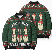 Christmas Bowling Rollin With My Snowmies Bomber Puffer Jacket Xmas Holiday Patterns - Wonder Print Shop