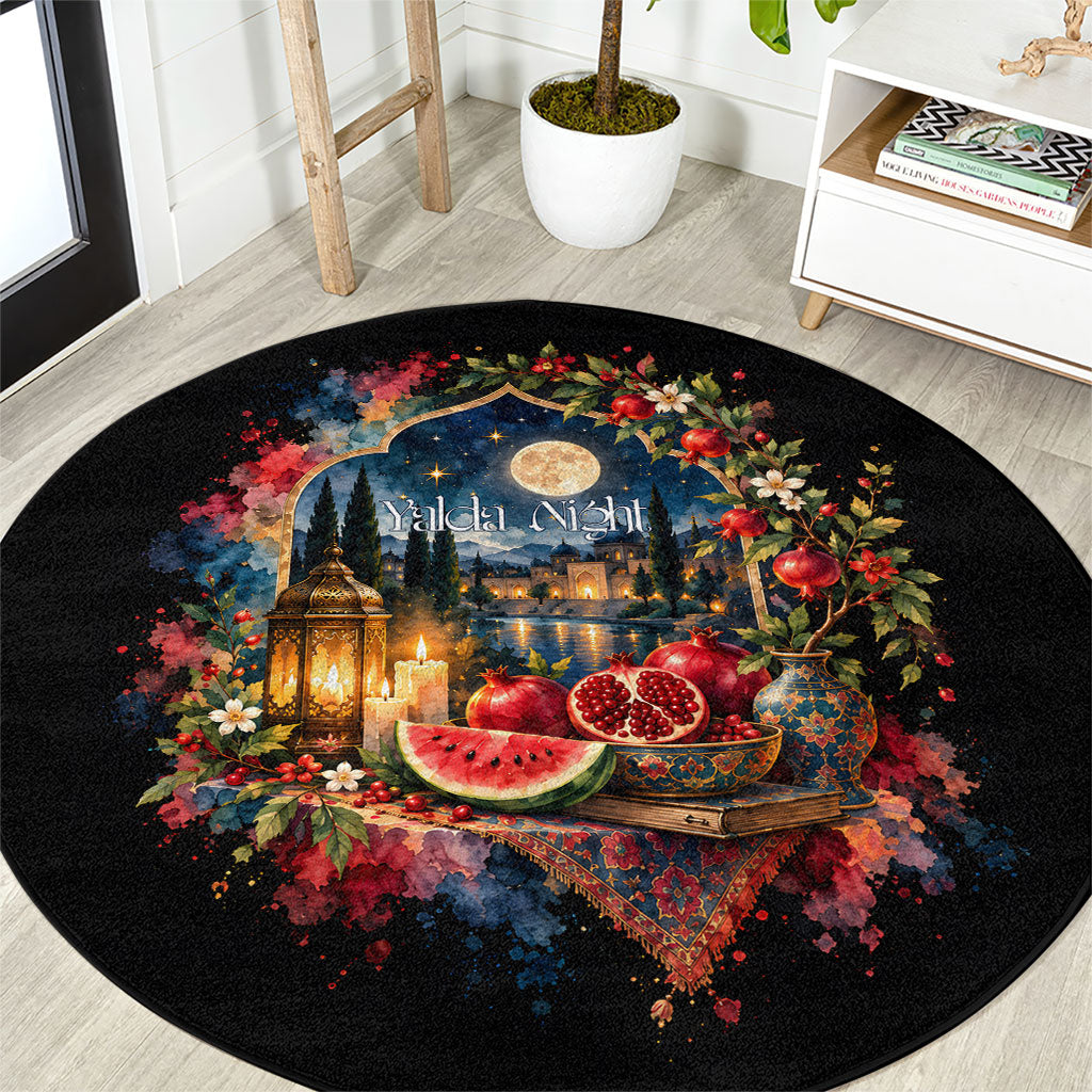 Yalda Night Pomegranate And Watermelon Round Carpet Persian Winter Solstice Watercolor Art