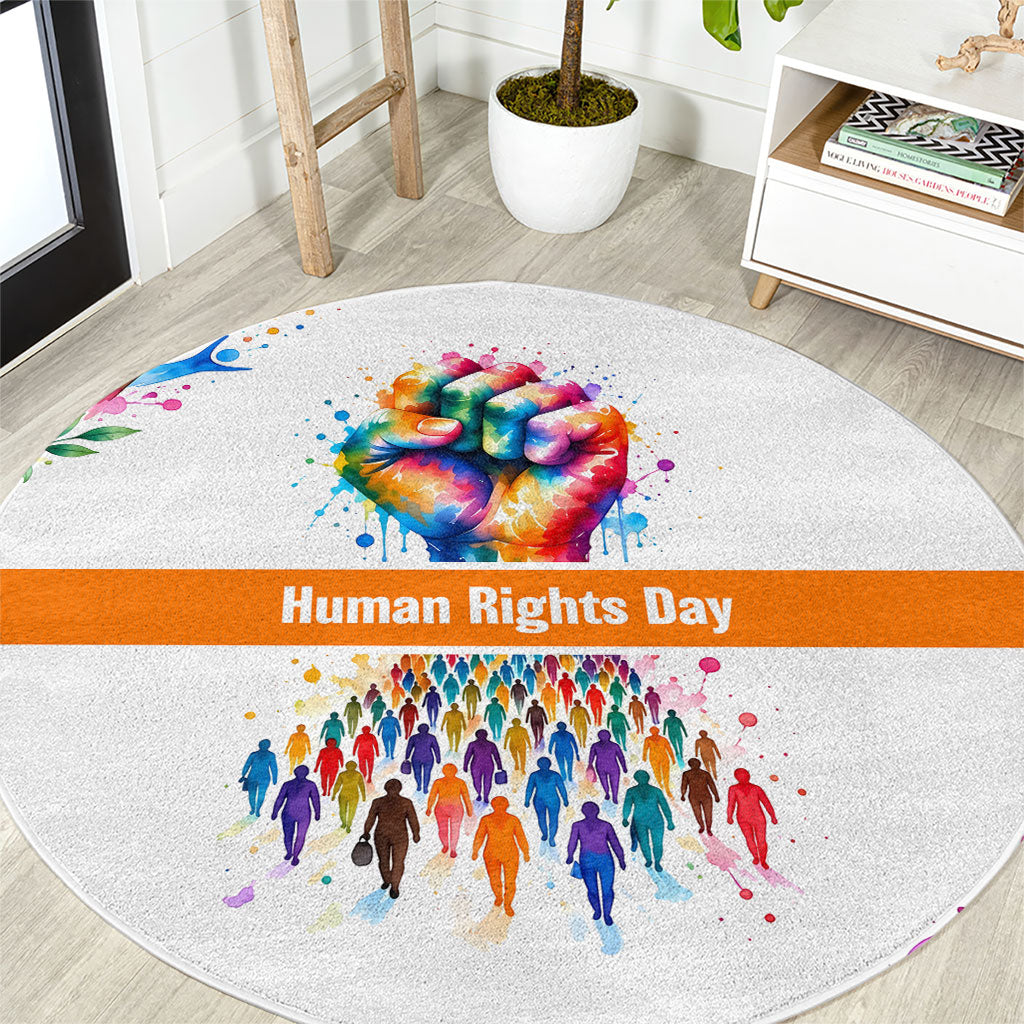 Human Rights Day Dignity And Justice For All Round Carpet Raised Fist Peace Dove Watercolor Art