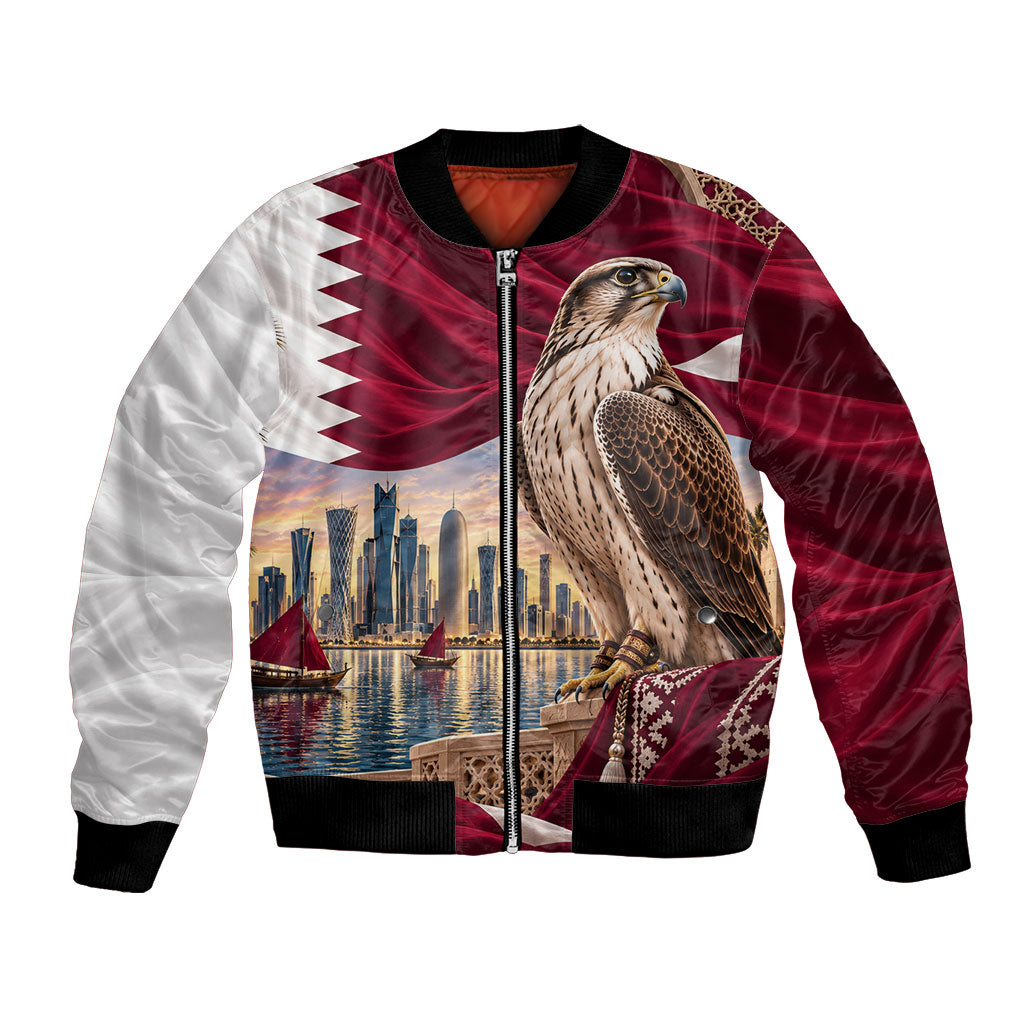 Qatar National Day Falcon Bomber Jacket Doha Skyline Traditional Art
