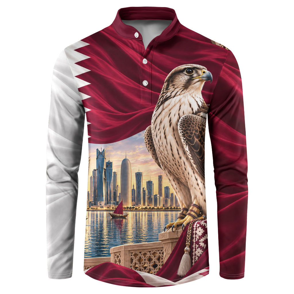 Qatar National Day Falcon Button Sweatshirt Doha Skyline Traditional Art