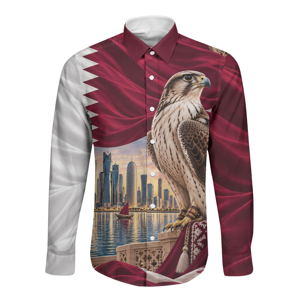 Qatar National Day Falcon Long Sleeve Button Shirt Doha Skyline Traditional Art