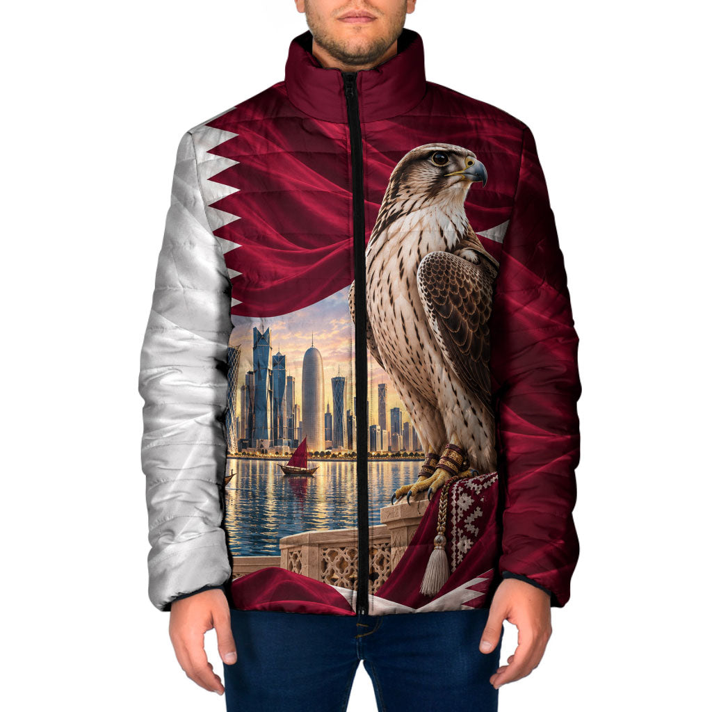 Qatar National Day Falcon Padded Jacket Doha Skyline Traditional Art