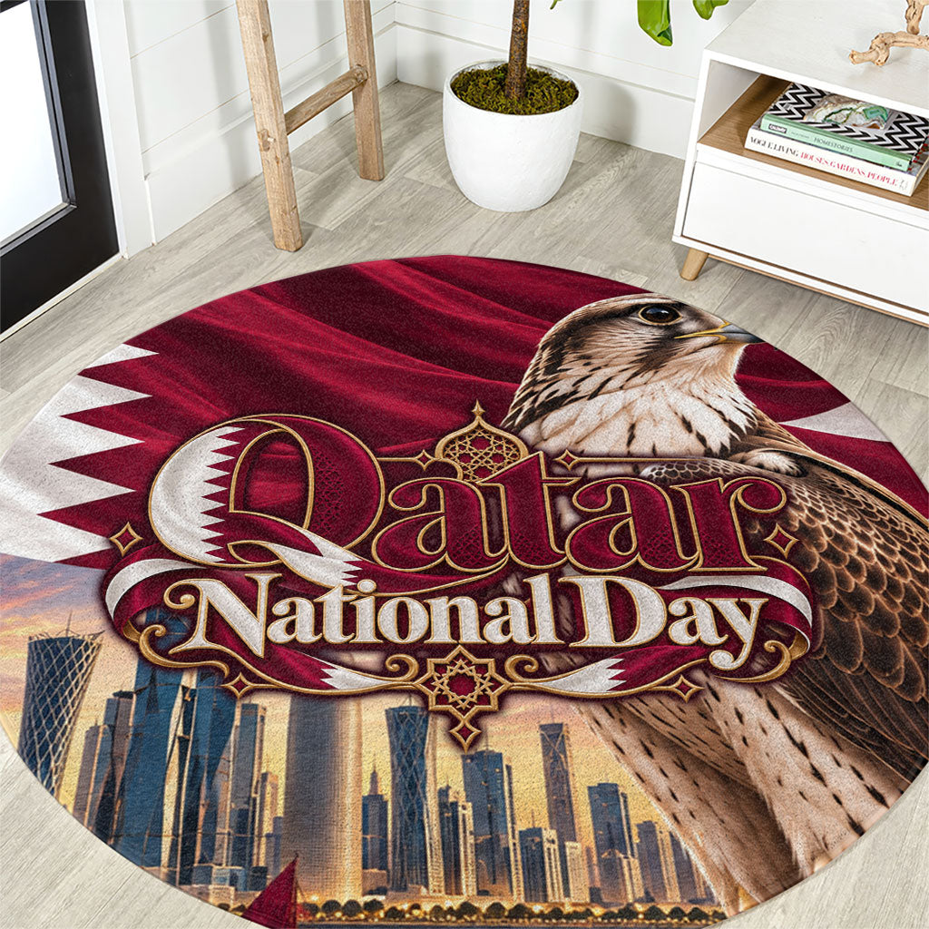 Qatar National Day Falcon Round Carpet Doha Skyline Traditional Art