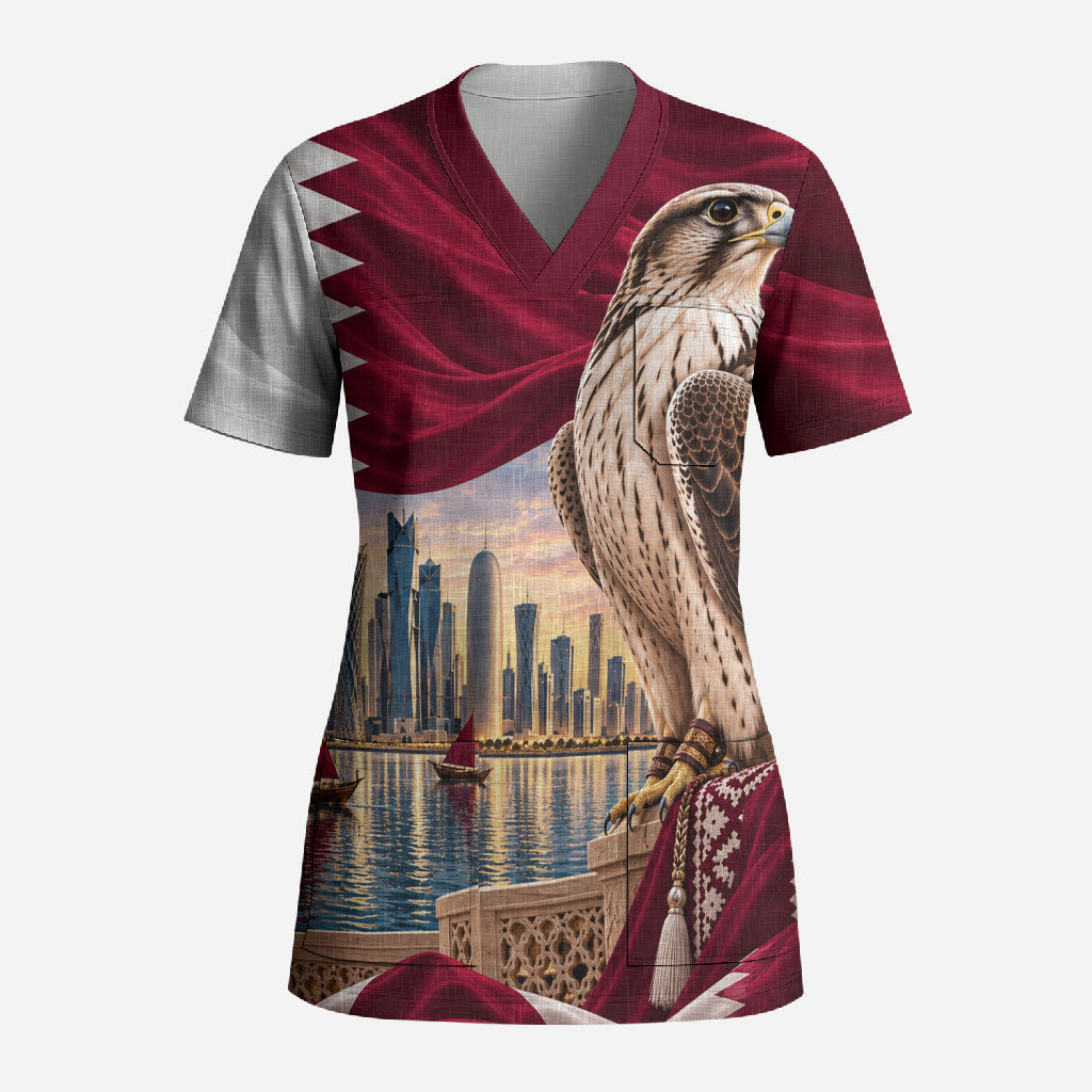 Qatar National Day Falcon Scrub Top Doha Skyline Traditional Art