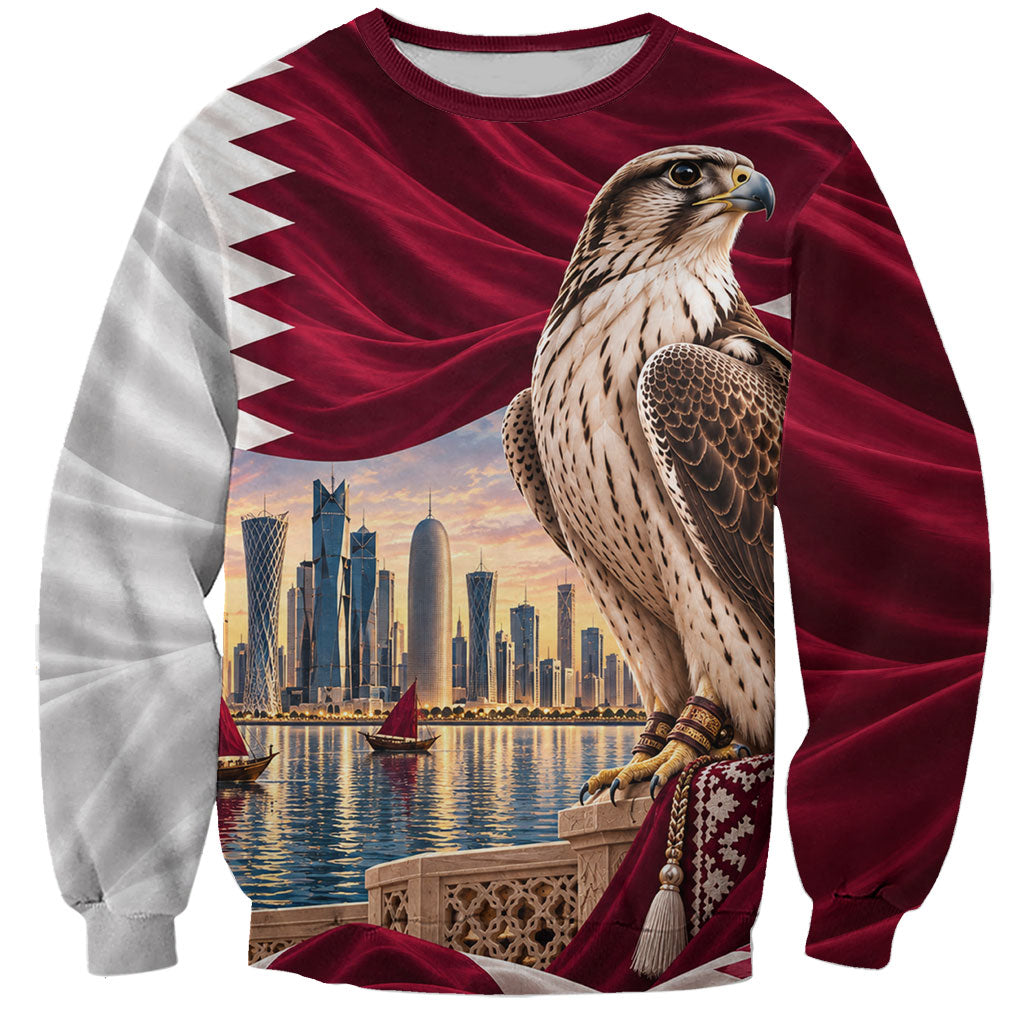 Qatar National Day Falcon Sweatshirt Doha Skyline Traditional Art