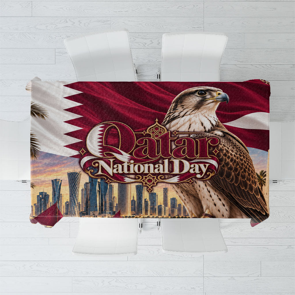 Qatar National Day Falcon Tablecloth Doha Skyline Traditional Art