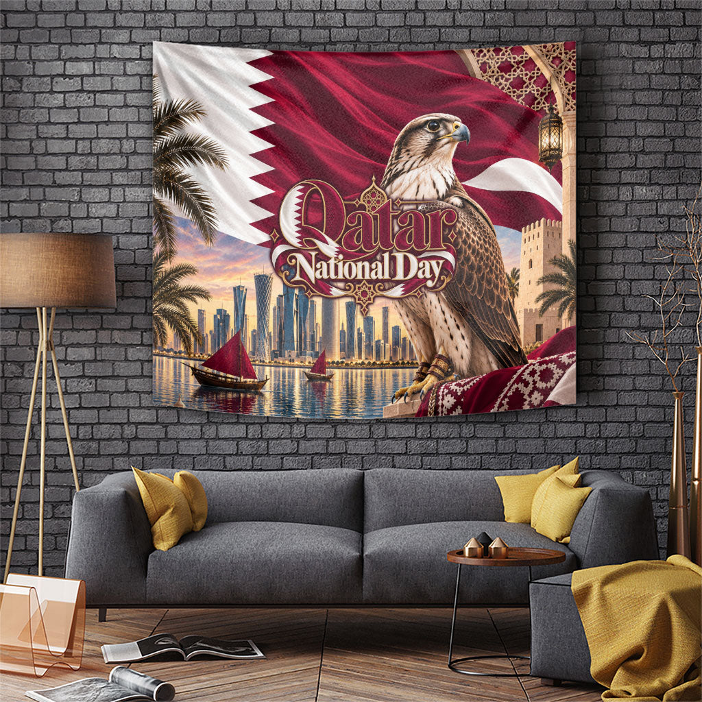 Qatar National Day Falcon Tapestry Doha Skyline Traditional Art