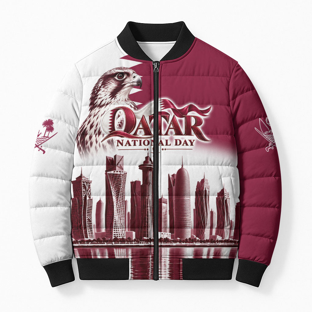 Qatar National Day Falcon Bomber Puffer Jacket Doha Skyline Graphic Art