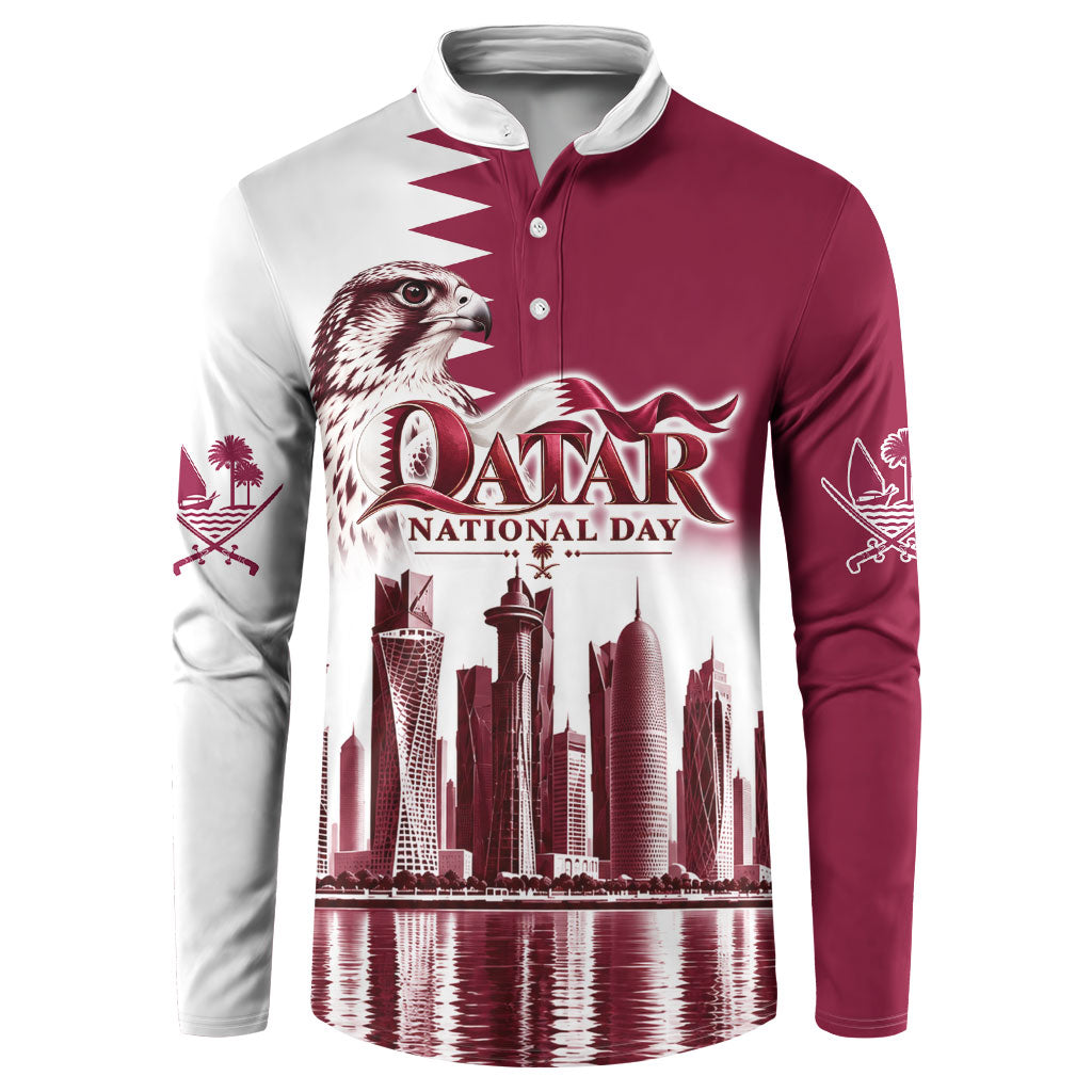 Qatar National Day Falcon Button Sweatshirt Doha Skyline Graphic Art