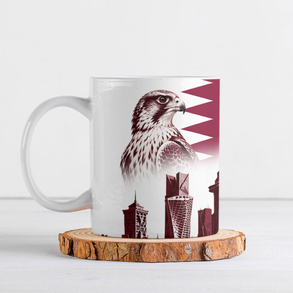 Qatar National Day Falcon Ceramic Mug Doha Skyline Graphic Art