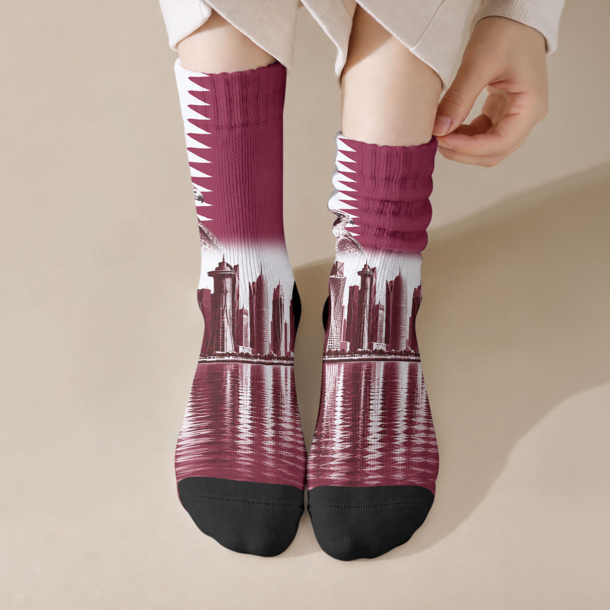 Qatar National Day Falcon Crew Socks Doha Skyline Graphic Art