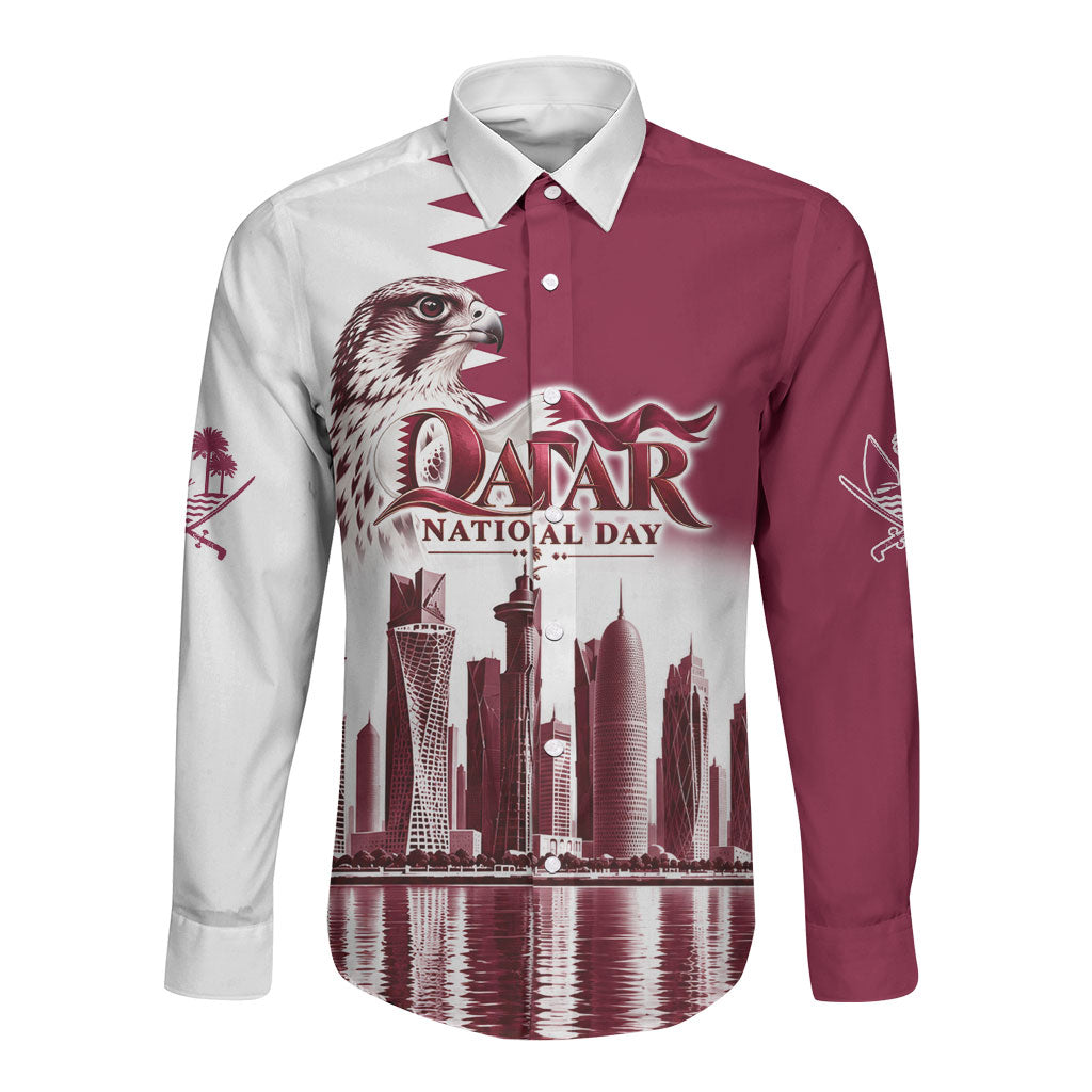 Qatar National Day Falcon Long Sleeve Button Shirt Doha Skyline Graphic Art