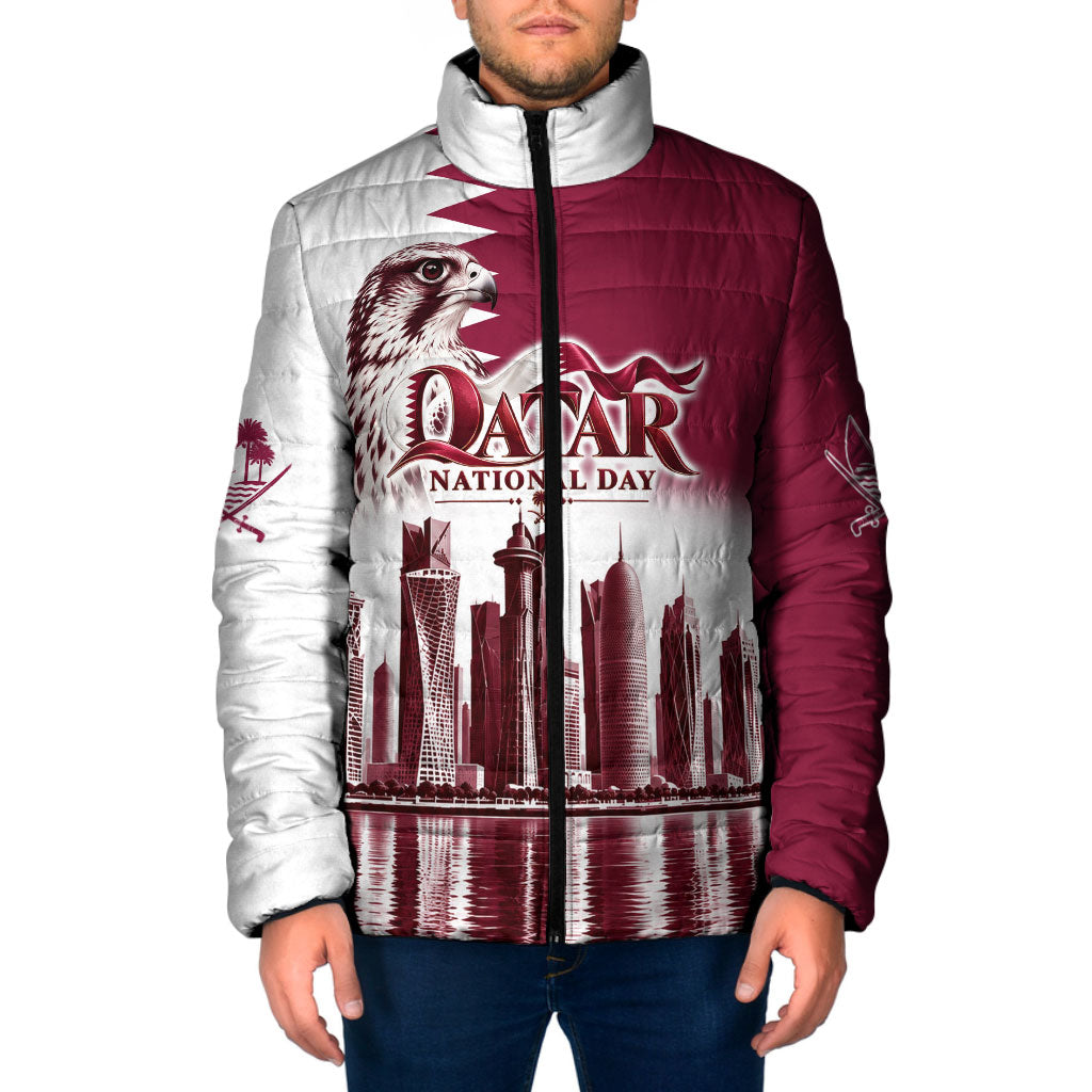 Qatar National Day Falcon Padded Jacket Doha Skyline Graphic Art