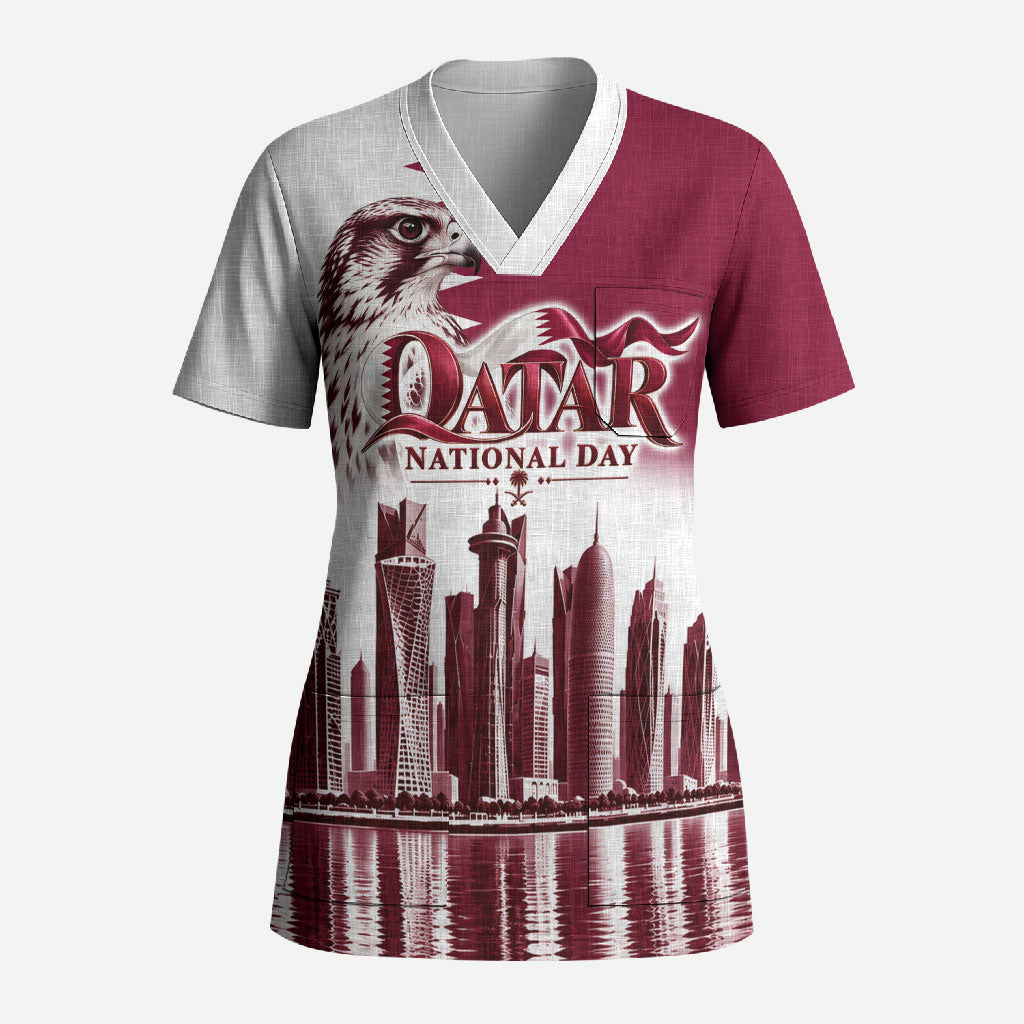 Qatar National Day Falcon Scrub Top Doha Skyline Graphic Art