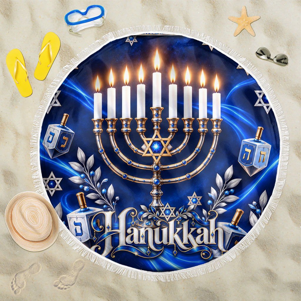 Hanukkah Menorah And Star Of David Beach Blanket 3D Glowing Festival Of Lights Jewish Tradition
