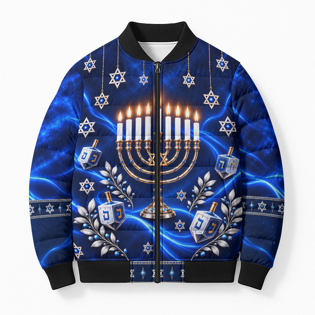 Hanukkah Menorah And Star Of David Bomber Puffer Jacket 3D Glowing Festival Of Lights Jewish Tradition