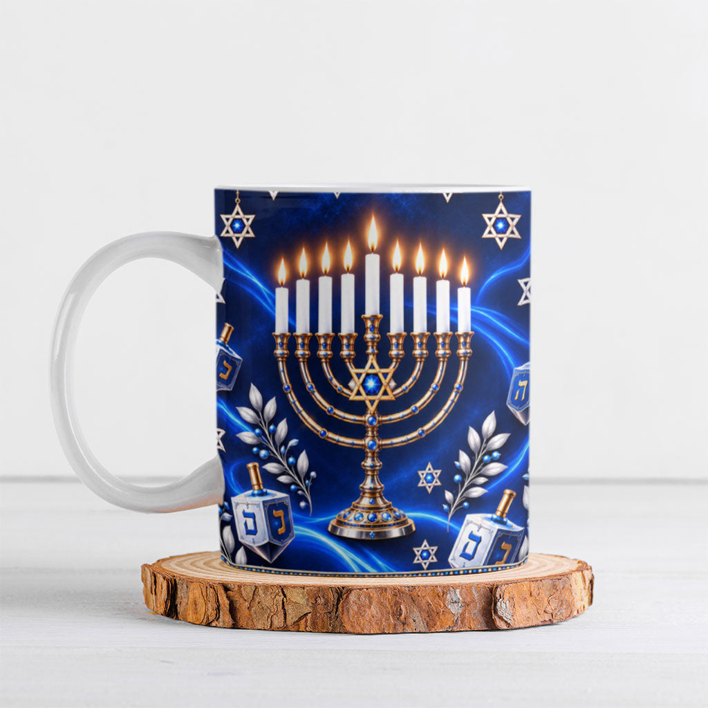Hanukkah Menorah And Star Of David Ceramic Mug 3D Glowing Festival Of Lights Jewish Tradition