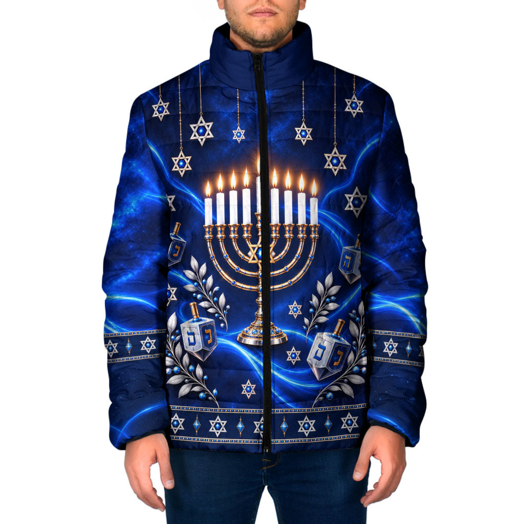 Hanukkah Menorah And Star Of David Padded Jacket 3D Glowing Festival Of Lights Jewish Tradition