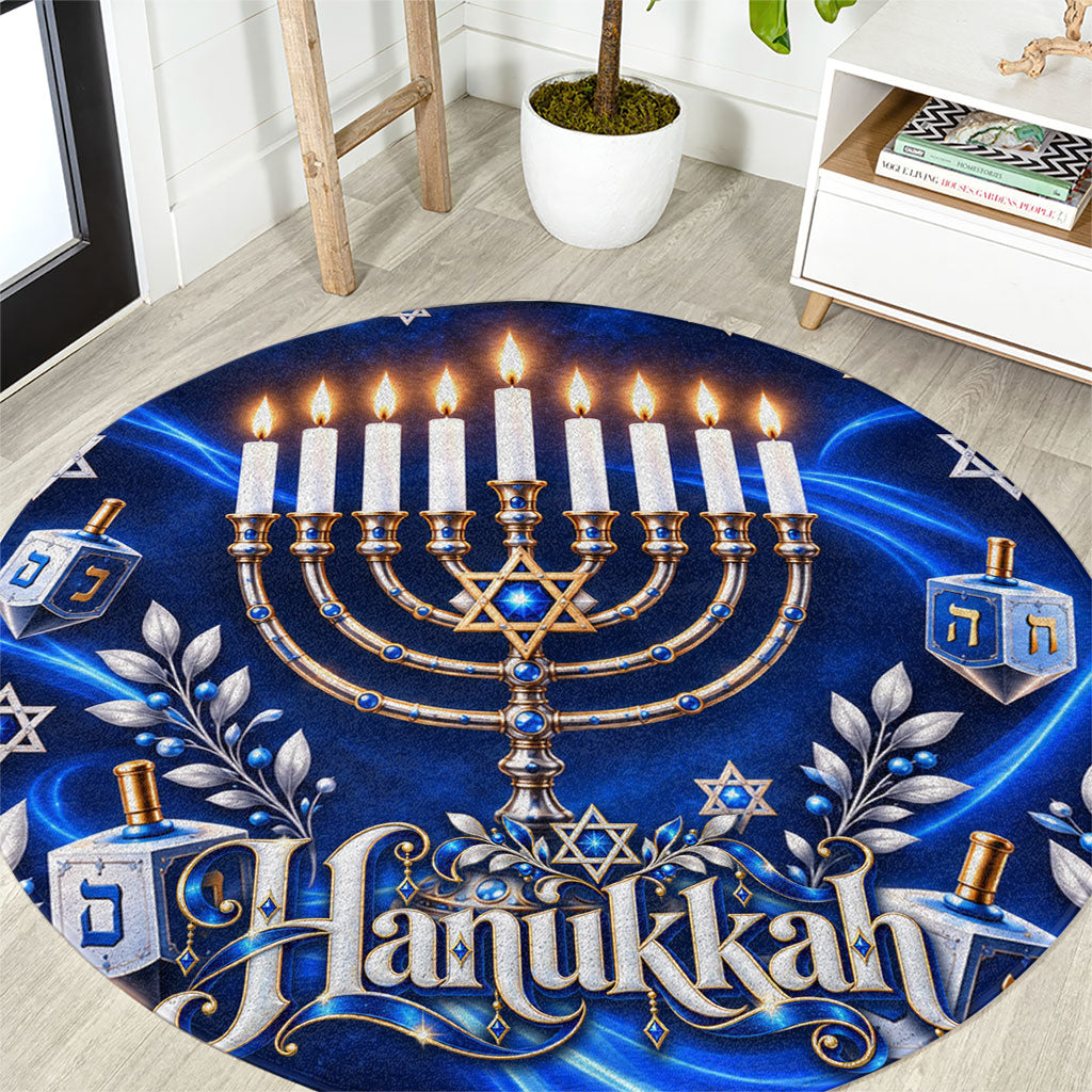 Hanukkah Menorah And Star Of David Round Carpet 3D Glowing Festival Of Lights Jewish Tradition