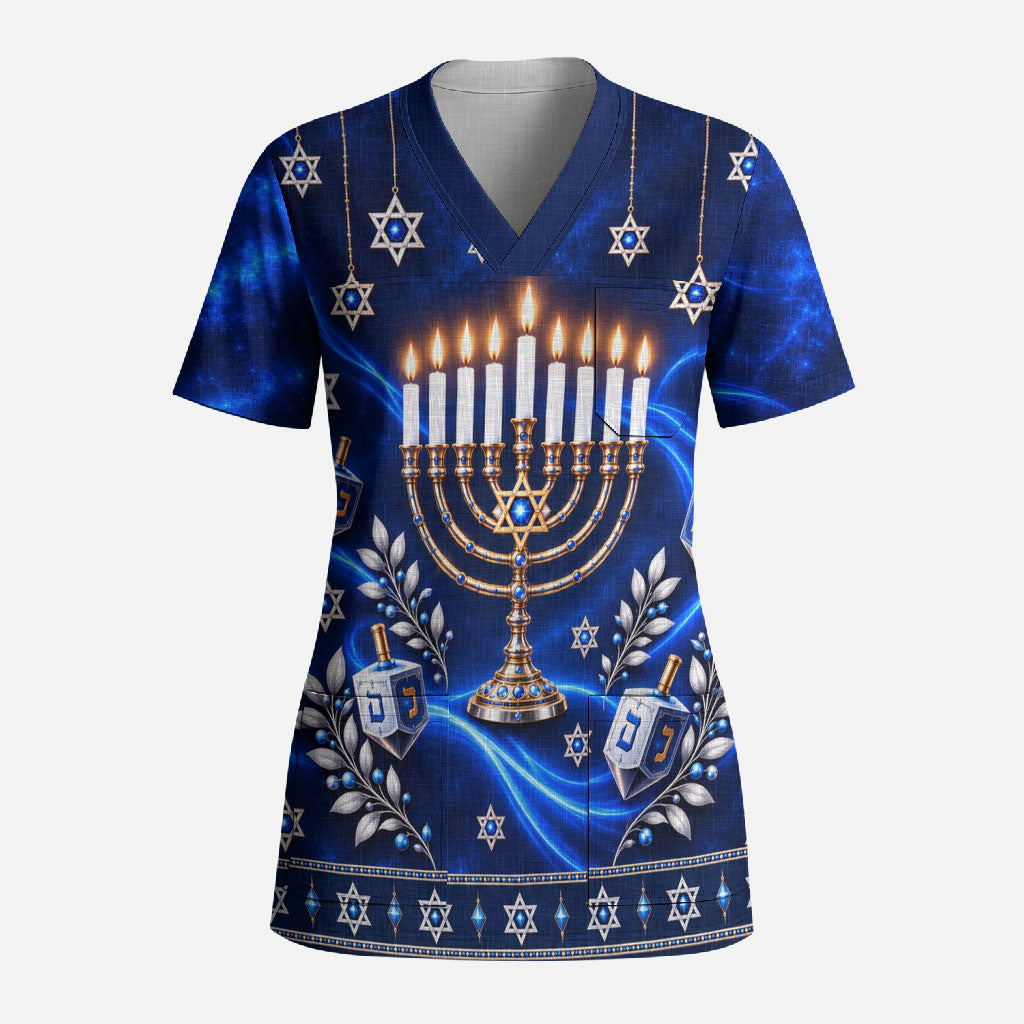 Hanukkah Menorah And Star Of David Scrub Top 3D Glowing Festival Of Lights Jewish Tradition