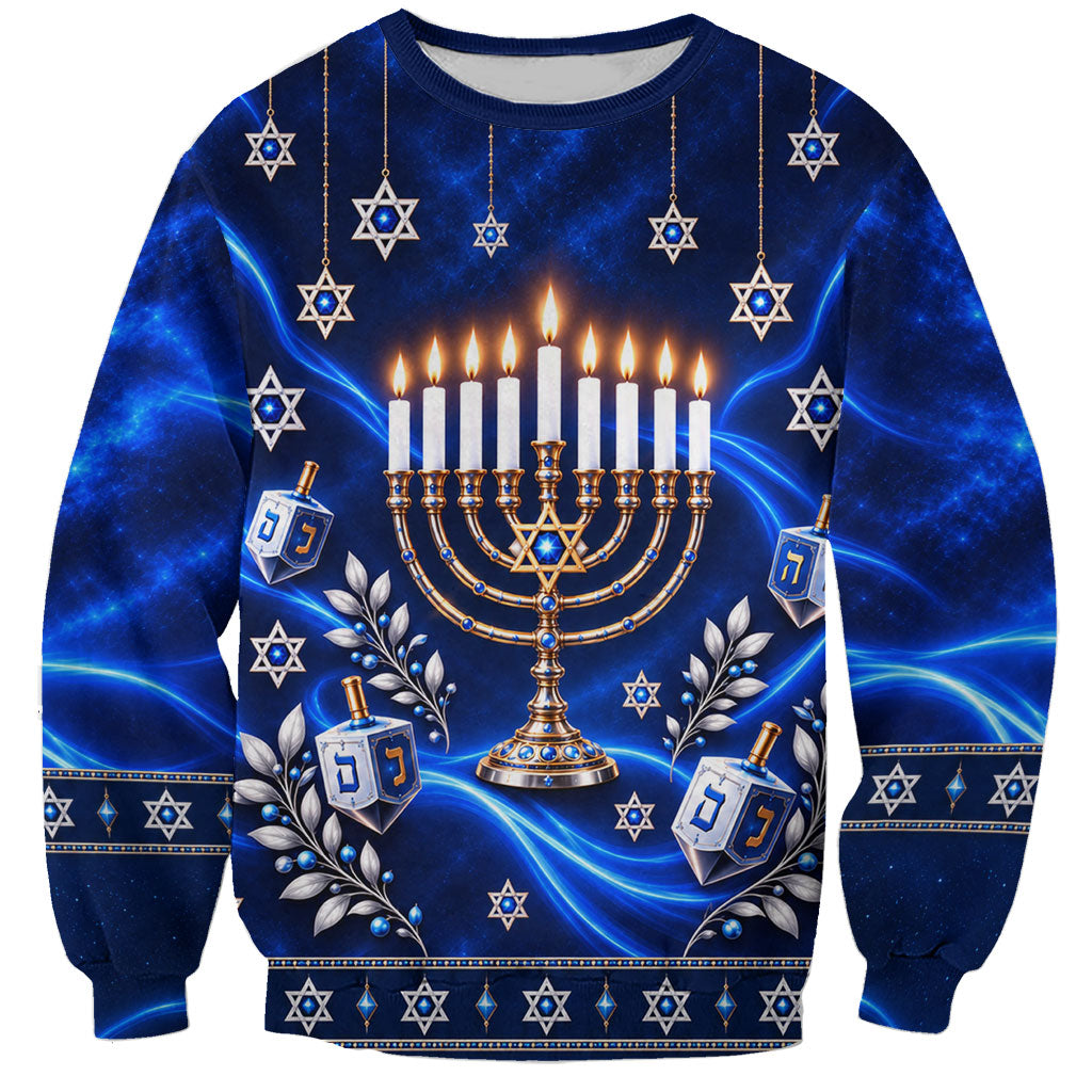 Hanukkah Menorah And Star Of David Sweatshirt 3D Glowing Festival Of Lights Jewish Tradition