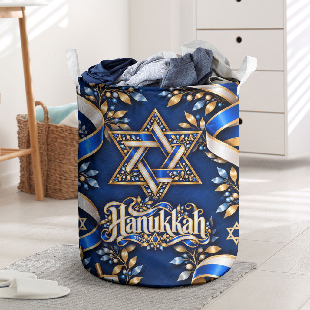 Hanukkah Star Of David Laundry Basket Elegant Floral Ribbon Festival Of Lights Jewish