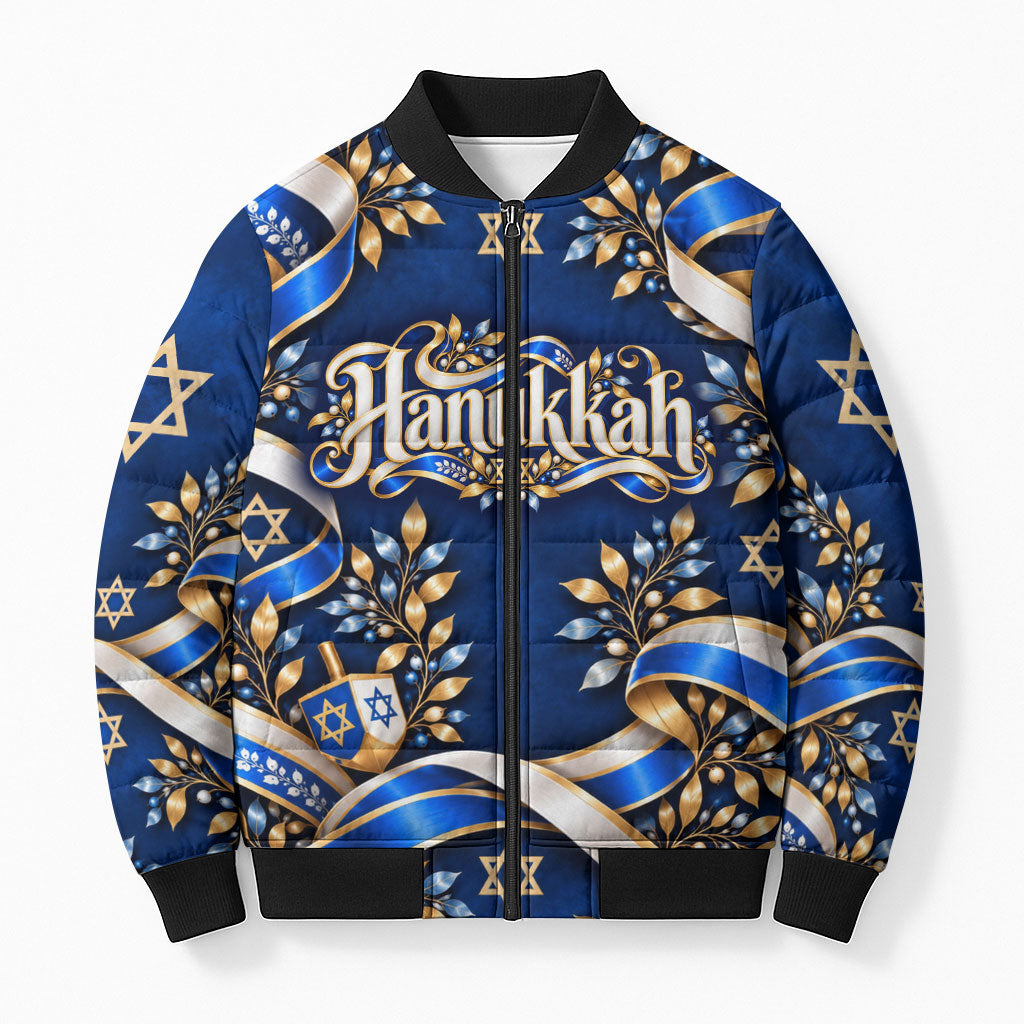 Hanukkah Star Of David Bomber Puffer Jacket Elegant Floral Ribbon Festival Of Lights Jewish
