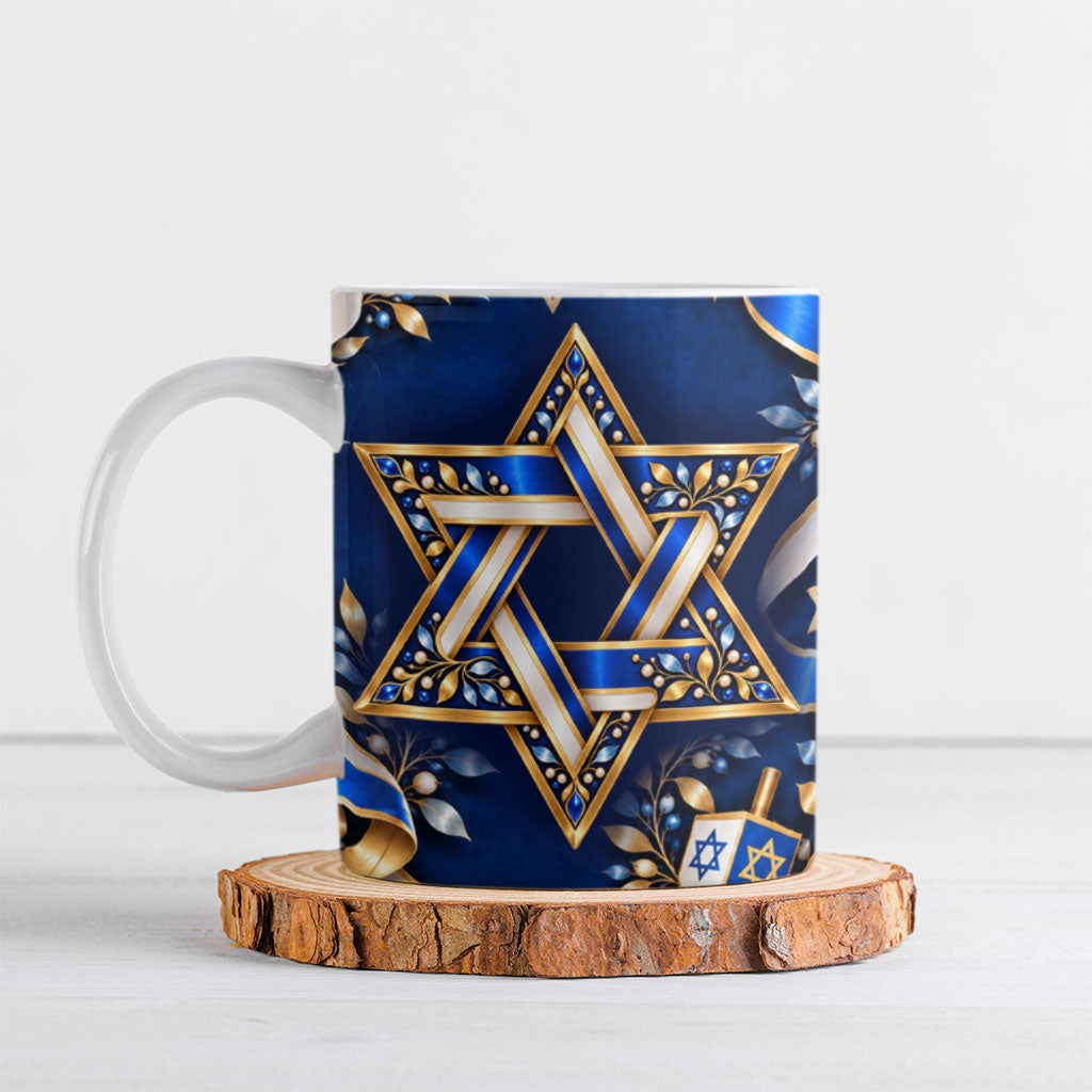 Hanukkah Star Of David Ceramic Mug Elegant Floral Ribbon Festival Of Lights Jewish