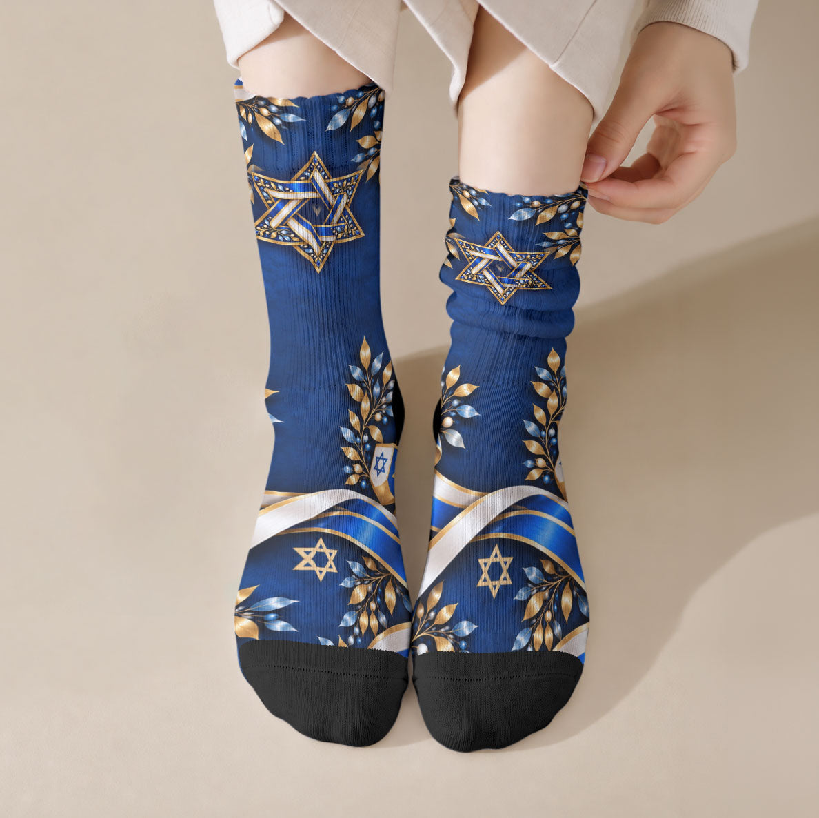 Hanukkah Star Of David Crew Socks Elegant Floral Ribbon Festival Of Lights Jewish