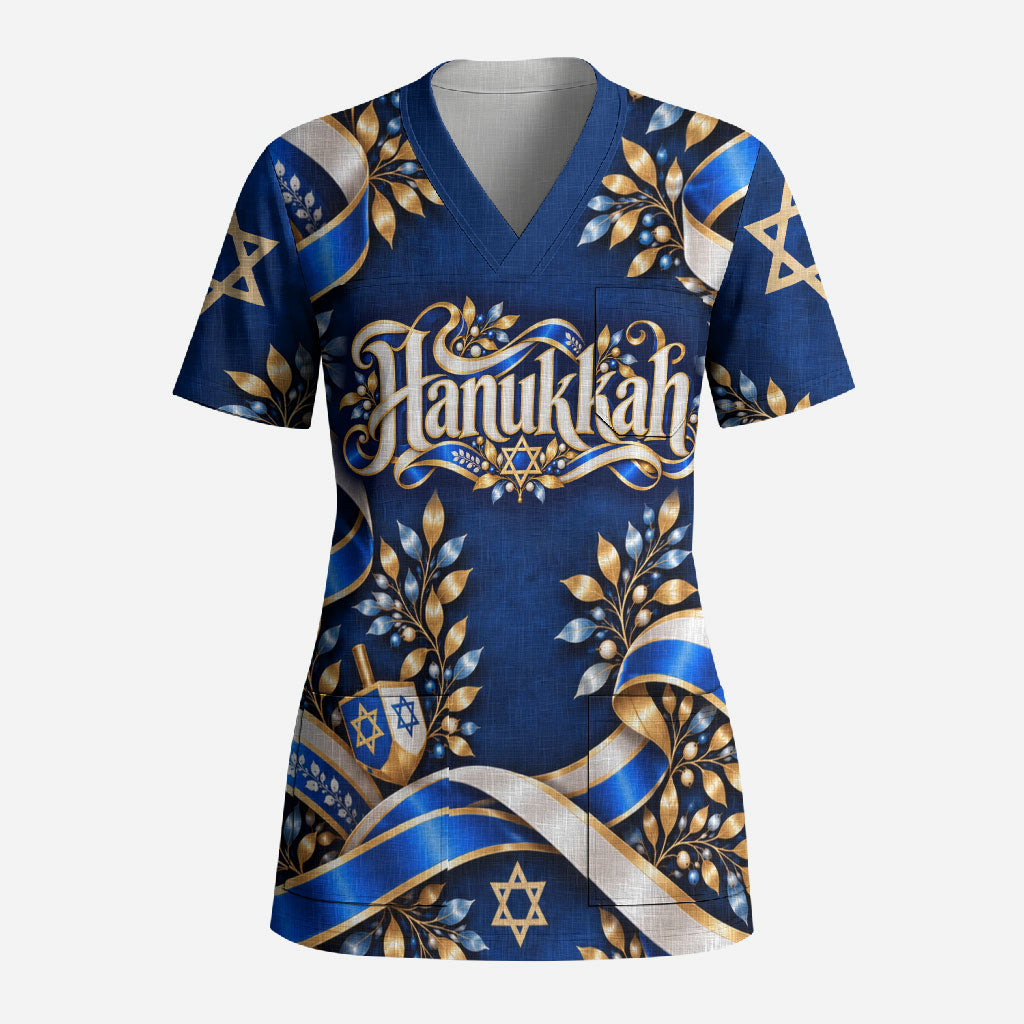Hanukkah Star Of David Scrub Top Elegant Floral Ribbon Festival Of Lights Jewish
