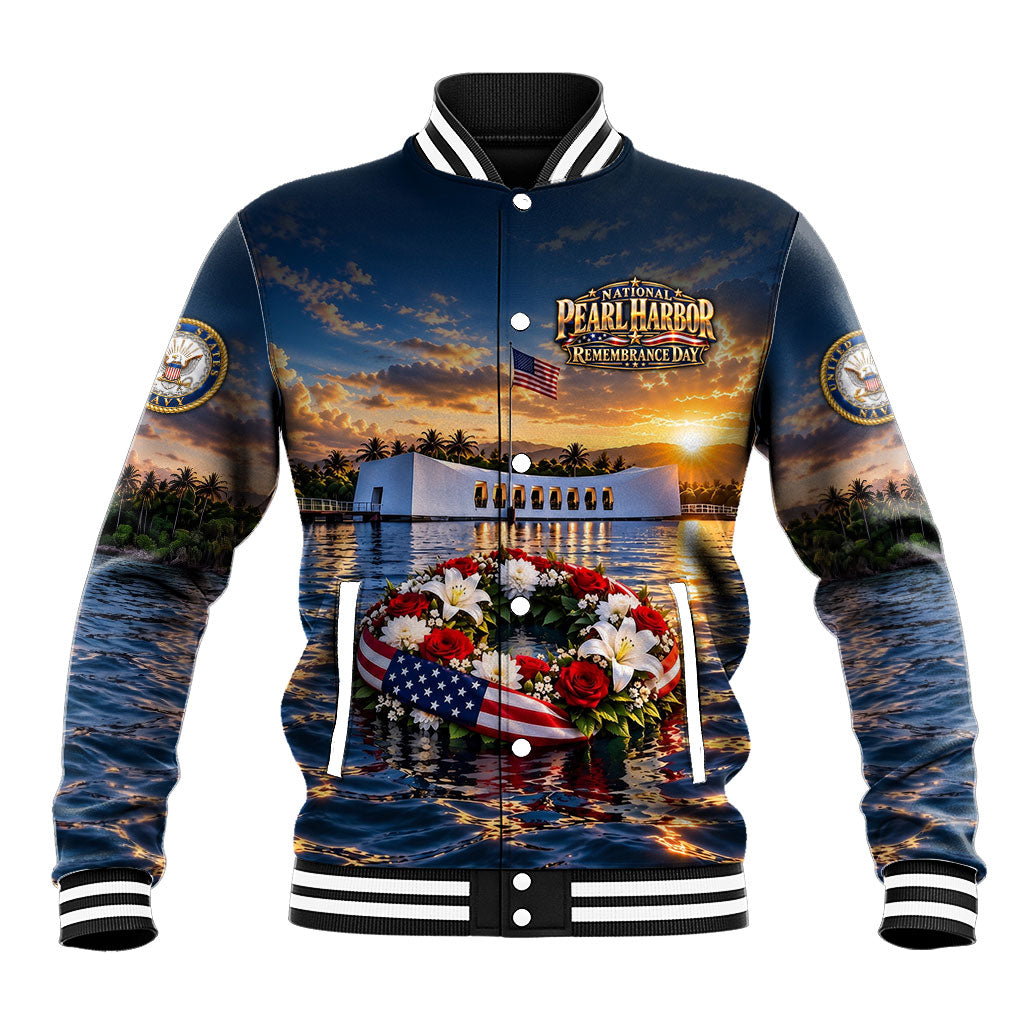 National Pearl Harbor Remembrance Day Baseball Jacket US Arizona Memorial American Flag Wreath Patriotic Veteran