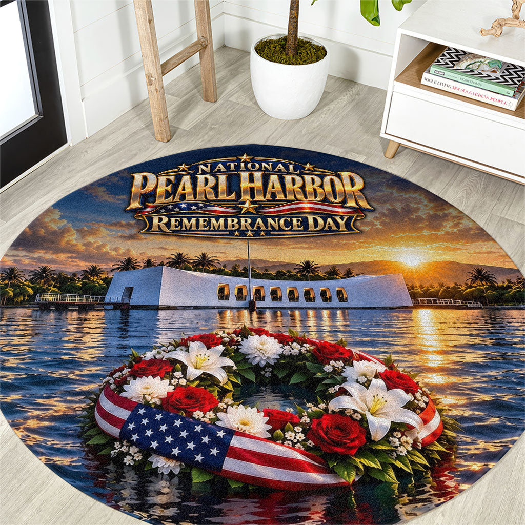 National Pearl Harbor Remembrance Day Round Carpet US Arizona Memorial American Flag Wreath Patriotic Veteran