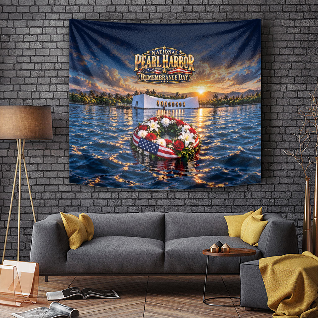 National Pearl Harbor Remembrance Day Tapestry US Arizona Memorial American Flag Wreath Patriotic Veteran