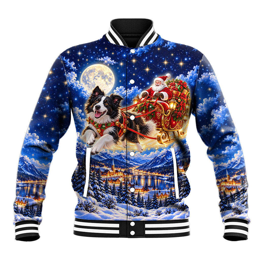 Border Collie Christmas Santa Sleigh Baseball Jacket Magical Snowy Winter Village Starry Night