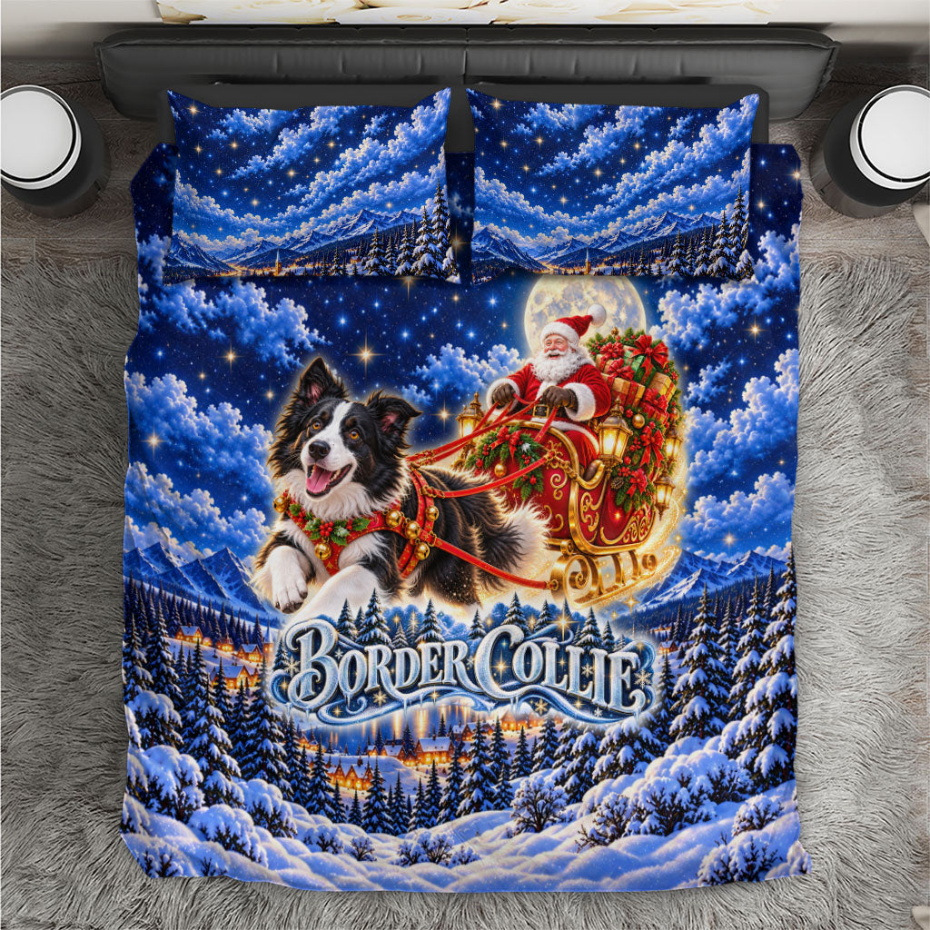 Border Collie Christmas Santa Sleigh Bedding Set Magical Snowy Winter Village Starry Night