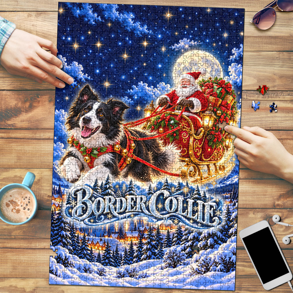 Border Collie Christmas Santa Sleigh Puzzle Magical Snowy Winter Village Starry Night