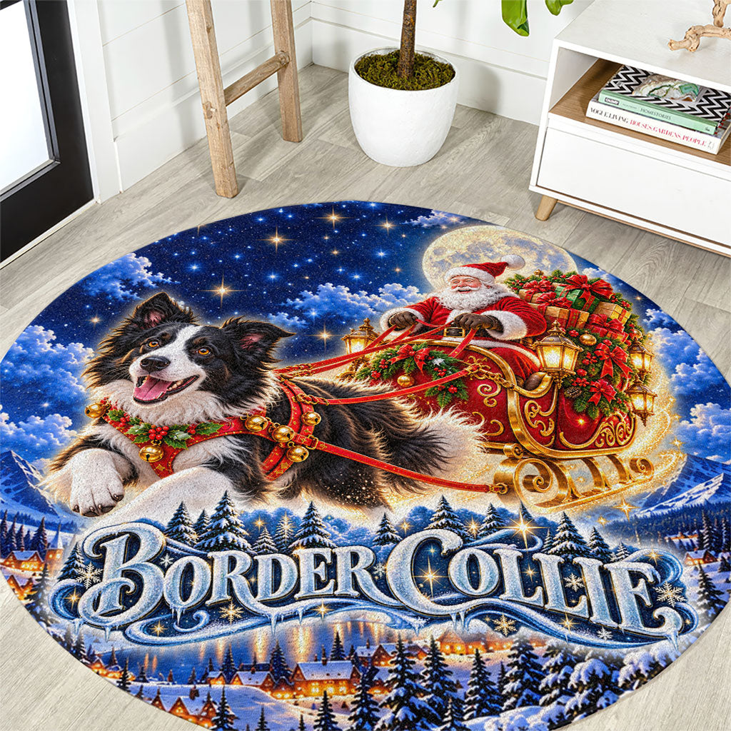 Border Collie Christmas Santa Sleigh Round Carpet Magical Snowy Winter Village Starry Night