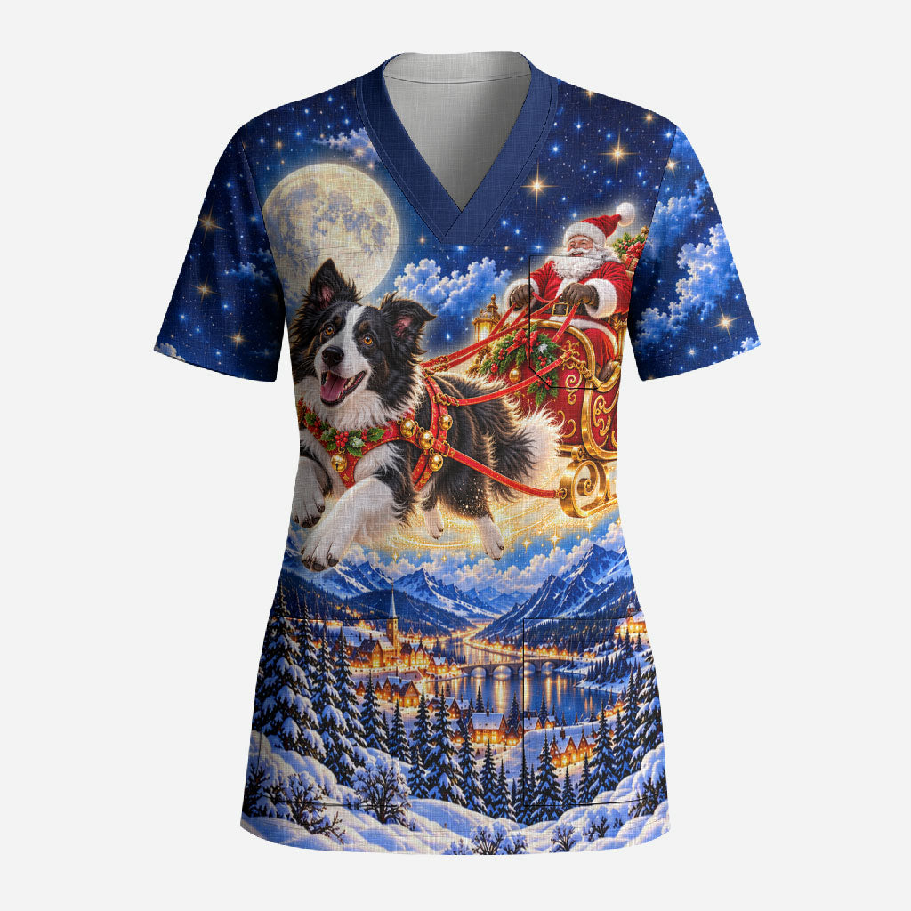 Border Collie Christmas Santa Sleigh Scrub Top Magical Snowy Winter Village Starry Night