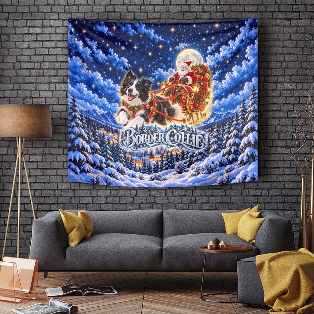 Border Collie Christmas Santa Sleigh Tapestry Magical Snowy Winter Village Starry Night