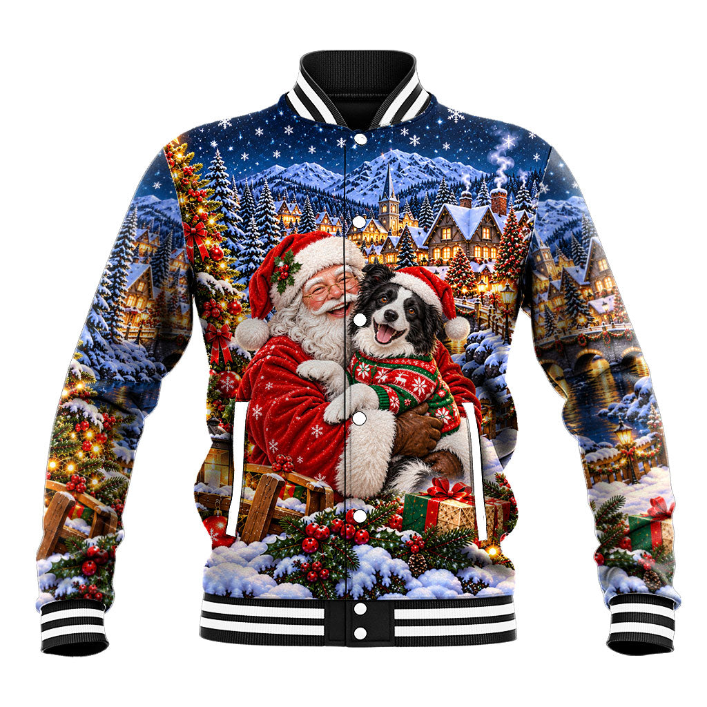 Border Collie Santa Claus Baseball Jacket Christmas Winter Snowy Village Starry Night